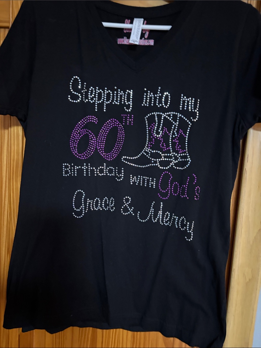 Custom Made Black V-Neck Tee with Purple and Silver Rhinestone 60th B-dayTee